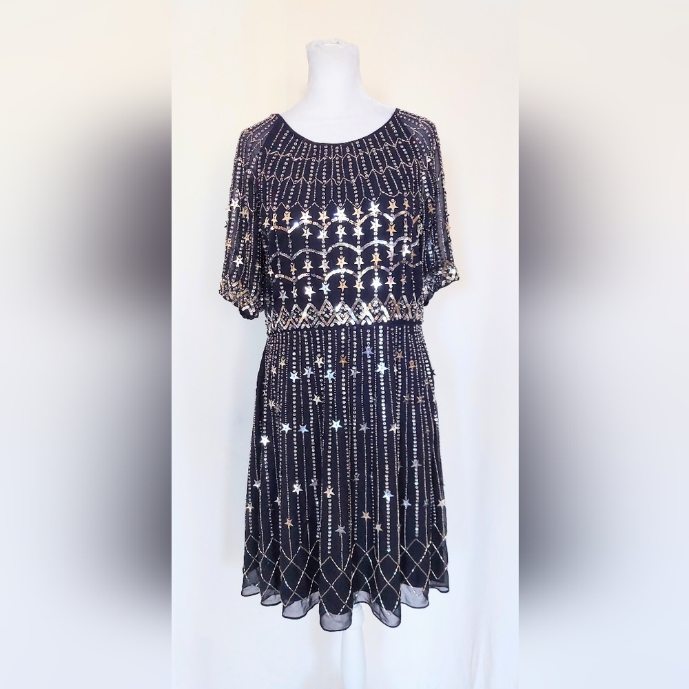 Frock and Frill Embellished Silver Star Sequin Beaded Dress Navy Blue Size 14